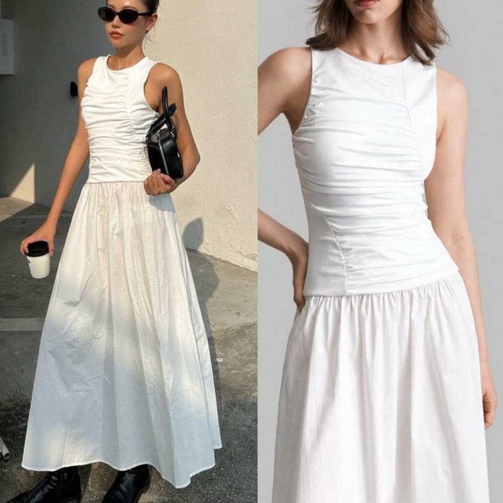 100% cotton White ruched midi maxi drop waist flowy summer  dress